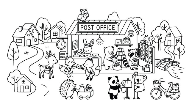 Whimsical train coloring page with cute animals, nursery line art vector illustration of a toy steam engine, zoo animal locomotive on tracks