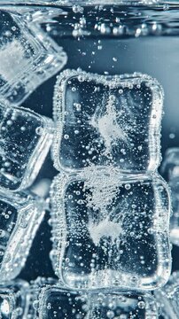 Close-up view of clear ice cubes submerged in a cold liquid, with small bubbles clinging to the surface and a light blue tint creating a refreshing, invigorating visual.