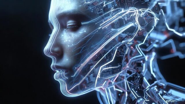 A human-like face with intricate circuitry and neon lights in futuristic style on dark background, concept of advanced technology