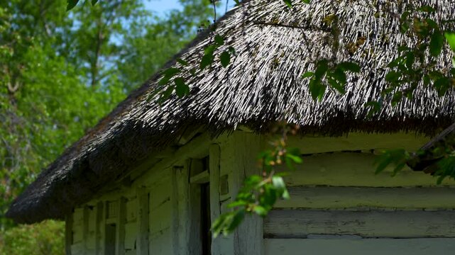 an old Ukrainian house with a thatched roof