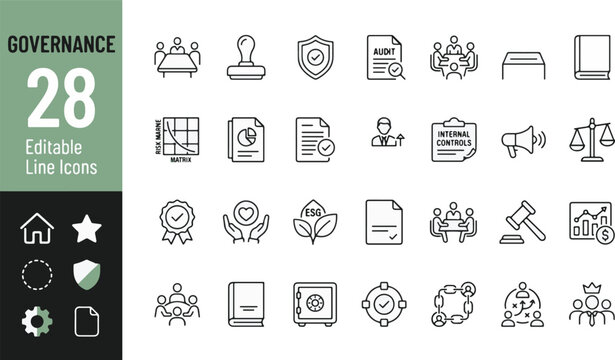 Governance and corporate compliance line icon set. Business ethics, risk matrix, ESG policy, audit report, internal controls minimal vector illustration. Simple outline signs. Editable Stroke. 28 icon