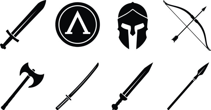 Ancient Weapons and Warrior Icon Set Featuring Swords Spartan Helmet Shield Bow and Arrow Axe and Spear