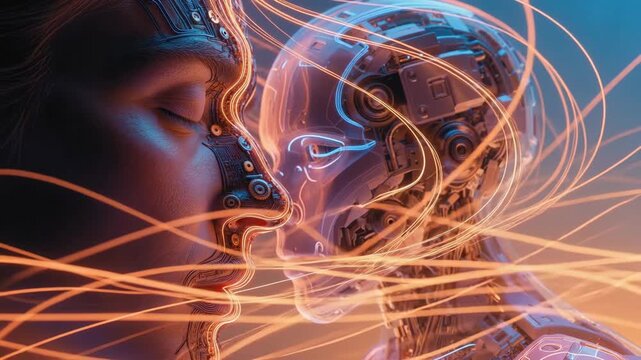 A human face beside an android with bright flowing lines in sci-fi on gradient background, concept of human-machine link