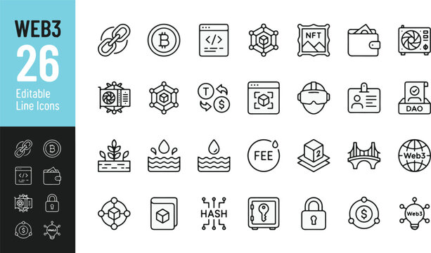 Web3 and blockchain line icon set. Cryptocurrency, NFT, bitcoin, crypto wallet, mining hardware, smart contract, DAO, and metaverse minimal vector illustrations. Simple outline signs. Editable stroke.