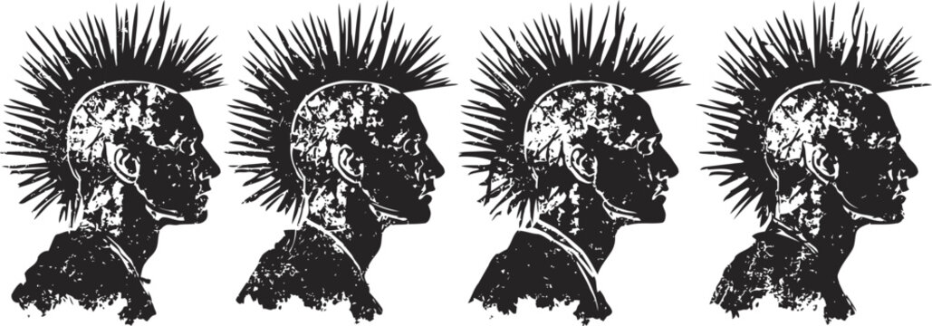 grunge punk rock male profiles with spiked mohawk hair tattooed heads black silhouettes