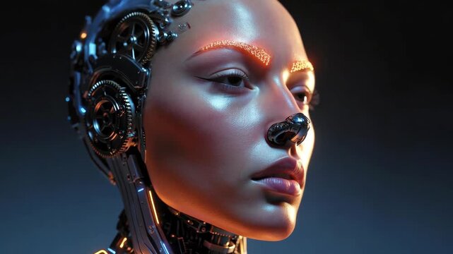 Cybernetic humanoid face with glowing details in futuristic style on dark background, concept of advanced technology evolution