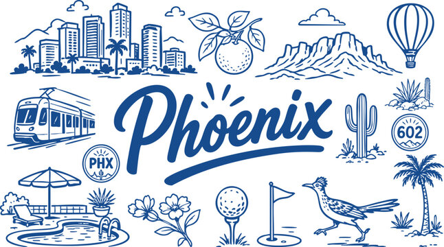 Phoenix Travel Vector Set with Skyline, Desert, Cactus, Roadrunner, Light Rail, Golf and Arizona Icons