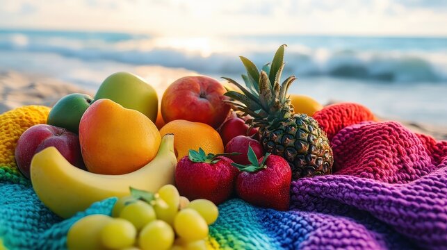 A vibrant assortment of fresh, ripe fruits displayed on a colorful blanket at a sun-drenched seaside beach, evoking summer's bounty and seaside relaxation.