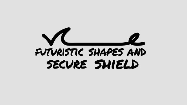 Futuristic shapes and secure shield logo with text, abstract concept.