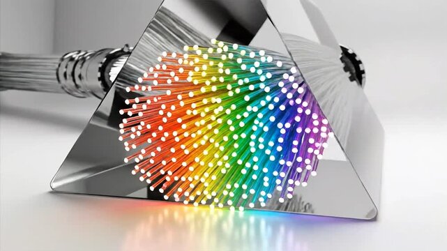 Illuminated optical fibers radiating vibrant rainbow hues through a triangular prism symbolizing data transmission connectivity and the spectrum of digital information flow. Fiber optic high speed dat