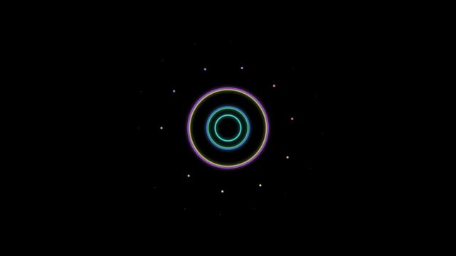 Colorful neon concentric circles pulsating with small dots on a black background creating a dynamic abstract animation.