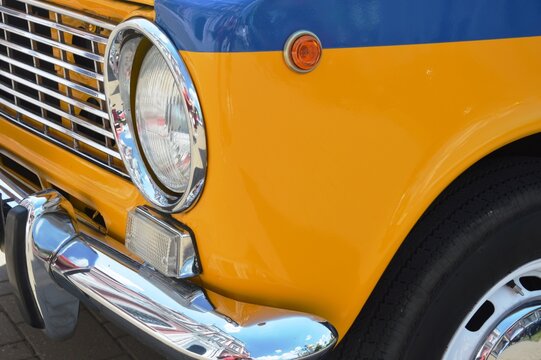 Classic soviet police militsiya sedan car lada vaz 2101 yellow blue with siren