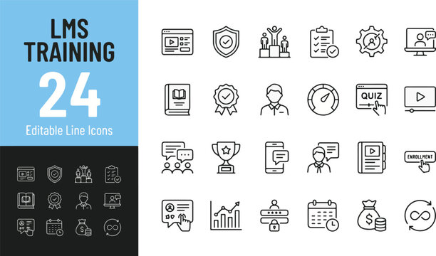 LMS training line icon set. E-learning course management system, digital education, webinar, student certification, quiz, video tutorial, enrollment, progress tracking vector signs. Editable stroke.