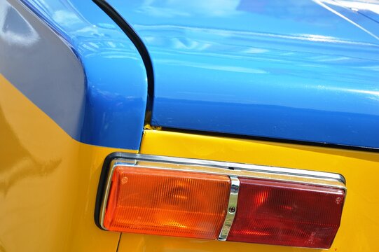 Classic soviet police militsiya sedan car lada vaz 2101 yellow blue with siren