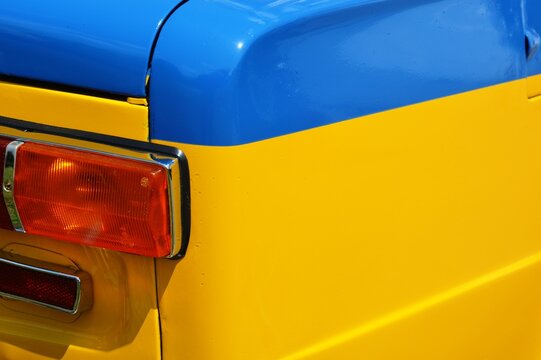 Classic soviet police militsiya sedan car lada vaz 2101 yellow blue with siren