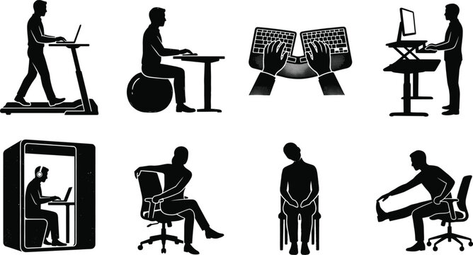 Ergonomic Office Workspace Silhouettes Set with Healthy Desk Habits Stretching Exercises Standing Desks and Treadmill Workstations