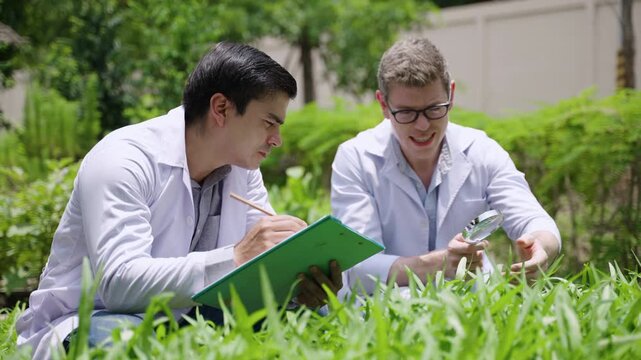 Two white man research biologist in lab coat sitting holding taking notes on clipboard and using magnifying glass to examine growth fungus, aphid, insect, and pests on garden outdoors at organic farm.