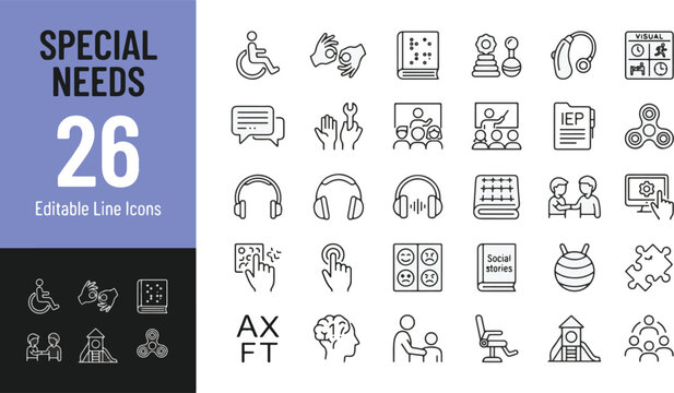 Special needs line icon set. Wheelchair, sign language, braille, hearing aid, sensory toys, autism, neurodiversity minimal vector illustration. Simple outline signs for accessibility. Editable Stroke.