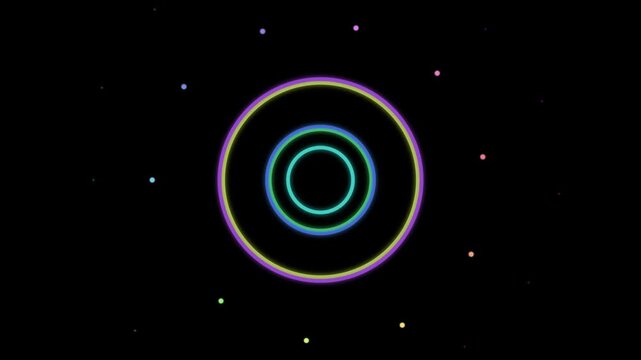Abstract concentric glowing neon circles rotating on black background