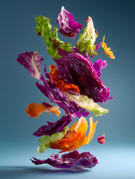 Colorful cabbage and lettuce pieces flying in mid air tossed salad with vibrant purple green and orange leaves creating dynamic motion and fresh texture