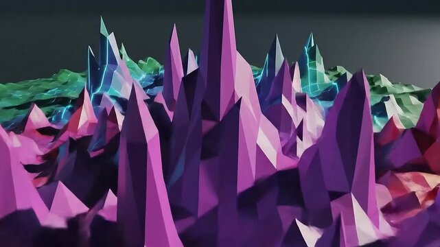 Abstract low poly crystal mountain landscape with vibrant purple geometric peaks and colorful faceted terrain, futuristic fantasy scene symbolizing creativity, innovation, imagination, and digital art