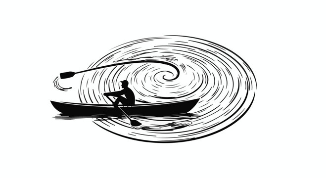 Rower silhouette navigates a swirling whirlpool in a small wooden boat on the water.