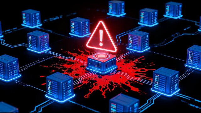 Cyber Security Breach Concept with Red Warning Sign and Digital Server Network Attack.