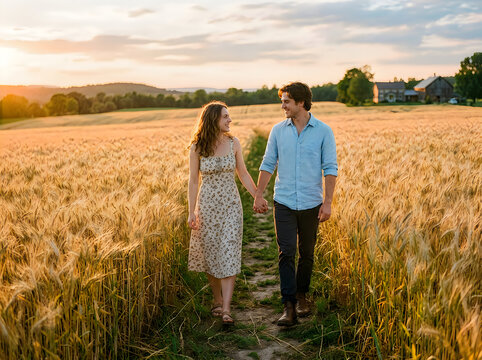 Happy couple walking hand in hand through a golden wheat field at sunset in the countryside