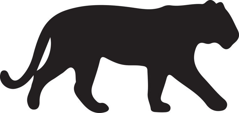 Black silhouette of walking tiger or leopard wild cat isolated on transparent background for wildlife nature design.