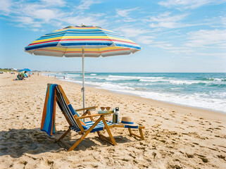 Fototapeta premium A beach chair with a colorful umbrella, towel, and accessories on a sandy shore by the ocean