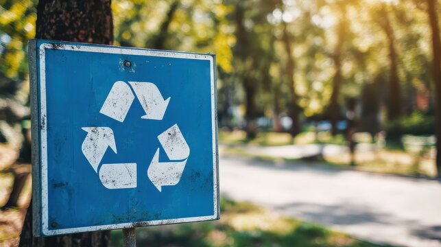 Blue recycling sign with white symbol displayed outdoors in a park setting promoting environmental awareness and cleanup efforts