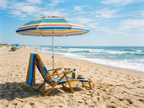 A beach chair with a colorful umbrella, towel, and accessories on a sandy shore by the ocean