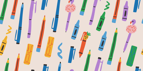 Seamless back to school stationery pattern with colorful pencils, pens, markers, crayons, and cute novelty school supplies featuring flamingo and pineapple designs on a light background © tanya