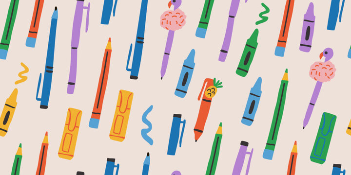 Seamless back to school stationery pattern with colorful pencils, pens, markers, crayons, and cute novelty school supplies featuring flamingo and pineapple designs on a light background