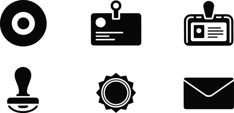 Corporate id card and data analysis graphic symbols including rubber stamp and post mailing envelope icon.