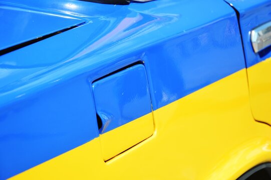 Classic soviet police militsiya sedan car lada vaz 2101 yellow blue with siren