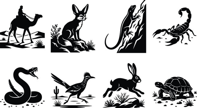 Desert wildlife and animals icon set featuring camel fennec fox lizard scorpion rattlesnake roadrunner jackrabbit and tortoise