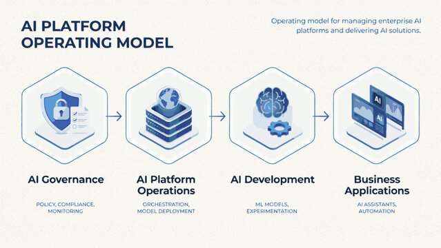 AI Platform Operating Model Diagram with Icons and Text Descriptions Keywords: AI, artificial intelligence, platform, operating model, governance, policy, compliance