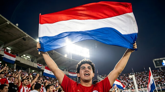 Paraguay Soccer Fan Holding National Flag at Stadium | Excited Supporter Cheering During Football Match at Night | Patriotic Spirit and Sports Celebration | South American Football Culture
