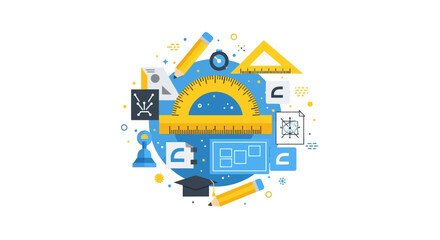 Fototapeta premium Architecture and Engineering Design Concept Illustration with Drafting Tools, Blueprints, and Geometric Symbols