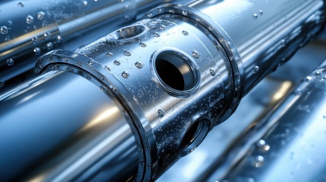 Close-up view of polished industrial steel pipe fittings with water droplets, showcasing intricate details and reflective surfaces.