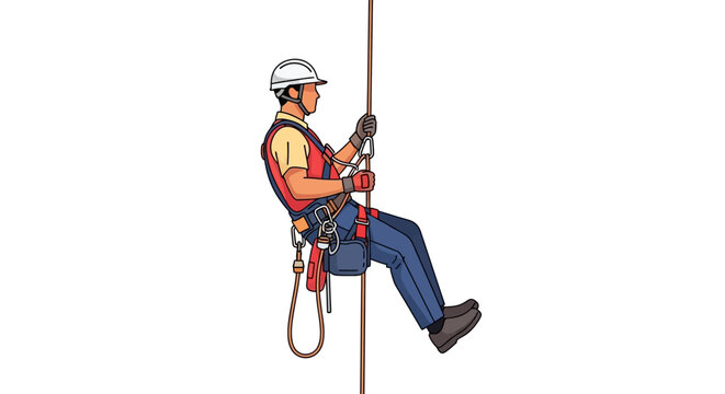 Vector illustration of an industrial rope access technician wearing a safety harness and helmet while rappelling down isolated on white