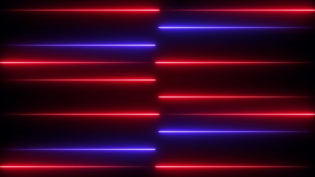 Bright red and blue neon light lines moving fast horizontally on a dark black background creating a modern digital cyber speed effect for technology and futuristic motion graphic design projects