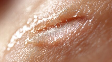 Fototapeta premium Close-up macro view of a healing scratch wound on human skin showing a fresh scab and warm lighting