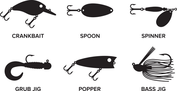 Fishing Lure Set Vector Icons &ndash; Crankbait, Spoon, Spinner, Jig and Popper Silhouettes