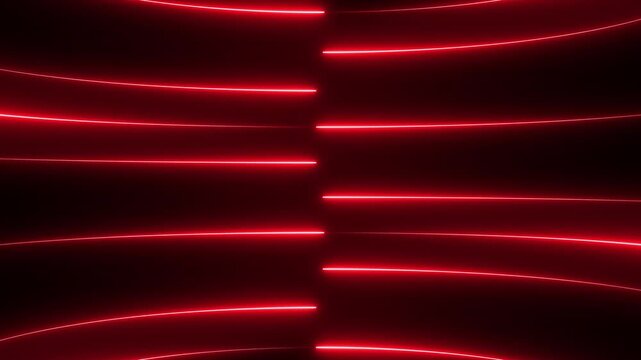 Abstract background with bright red neon glowing horizontal light streaks moving fast in the darkness creating a sense of high speed motion and futuristic digital energy for modern technology designs