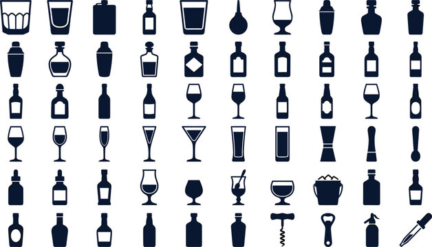 Alcoholic Beverage Bar and Cocktail Solid Silhouette Icon Set Featuring Liquor Bottles, Wine Glasses, Shaker, Ice Bucket, and Bartender Tools