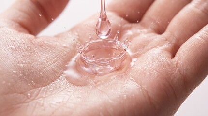 Fototapeta premium Rose-tinted liquid drop splashing on wet palm