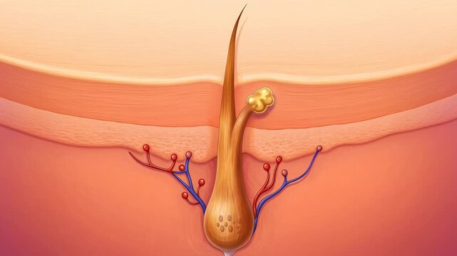 Detailed anatomical illustration of a human hair follicle within the skin layers.