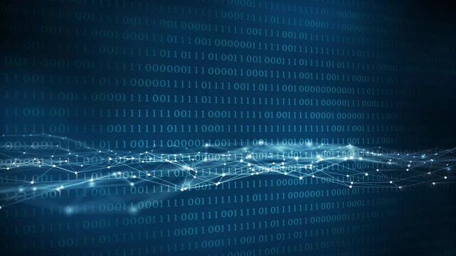 digital grid wave from nodes and lines in front of a binary code background, motion graphics background for blockchain technology, ai, data network